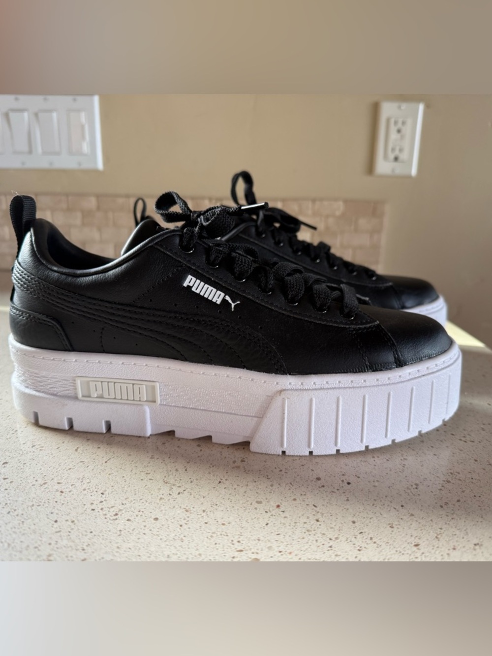 Puma Black Leather Sneakers with White Platform Sole